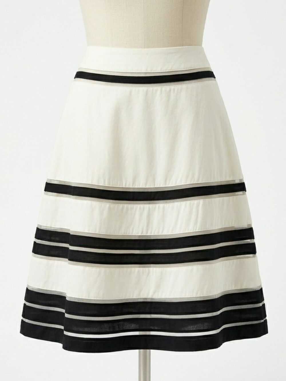ANN TAYLOR Silk Cotton Mesh Stripe Skirt Black Ivory Lined A-Line Petite 0P
